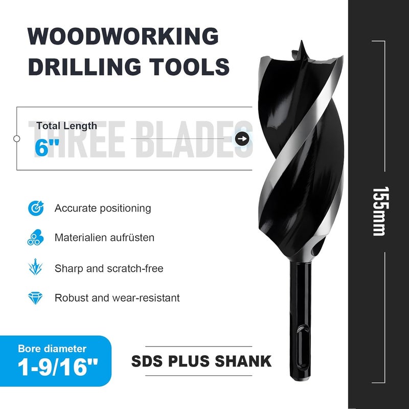 WOBLLMX 1-9/16" x 6" Auger Drill Bit with SDS Plus Shank for Wood,Tri Flute Ship Auger Long Drill Bit for Soft and Hard Wood,Tree Stump,Plastic,Drywall and Composite Materials - Image 2